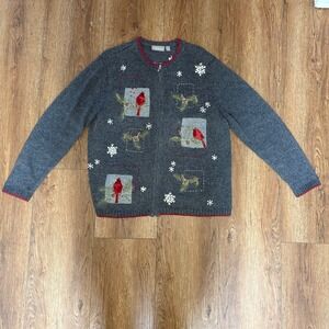 Croft & Barrow Embroidered Christmas Cardinal Sweater Womens XL Wool Angora Gray